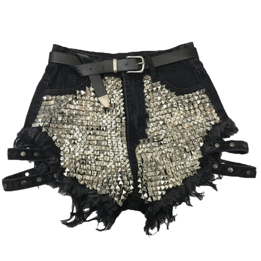 Women's high-waisted studded denim shorts with frayed hems, perfect for summer fashion & casual wear.