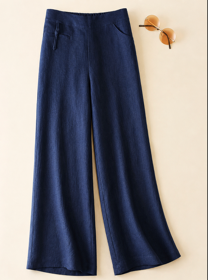 Comfortable women's wide-leg high-waist pants with elastic waist. Ideal for casual spring & summer fashion.
