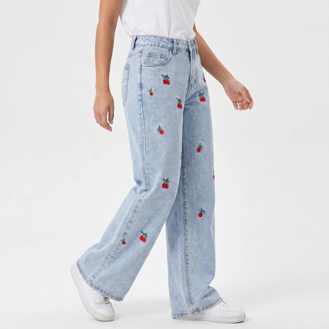 Relaxed fit women's wide-leg jeans with high waist & stylish cherry embroidery, ideal for streetwear fashion.