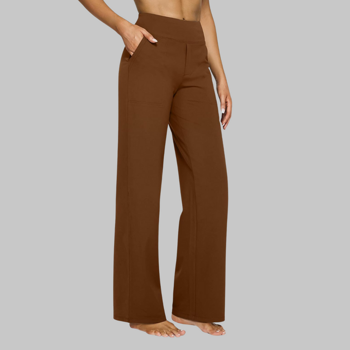 Chic women's wide-leg pants, high-waisted, offering a breezy fit ideal for warm weather and style.