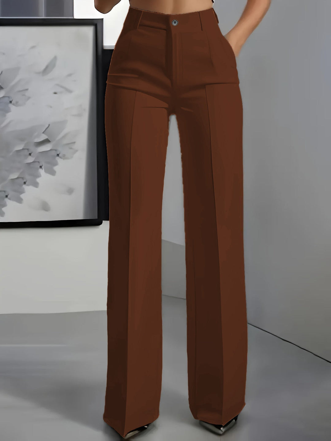 Structured high-waist wide-leg trousers for women, ideal for both formal office settings and relaxed casual wear.