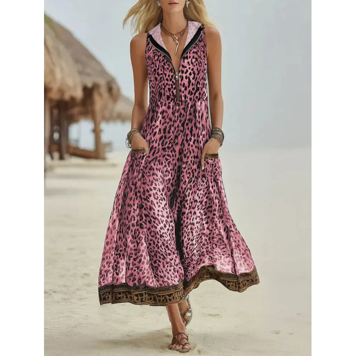 Chic women's animal print hooded maxi dress with V-neck, sleeveless design, full zipper & pockets. Perfect casual long dress.