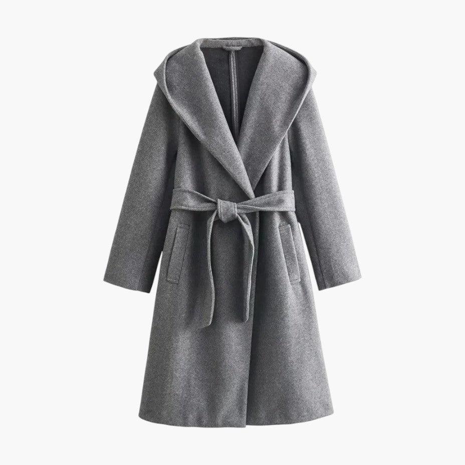 Women's hooded trench coat, classic style with adjustable belt for everyday elegance.