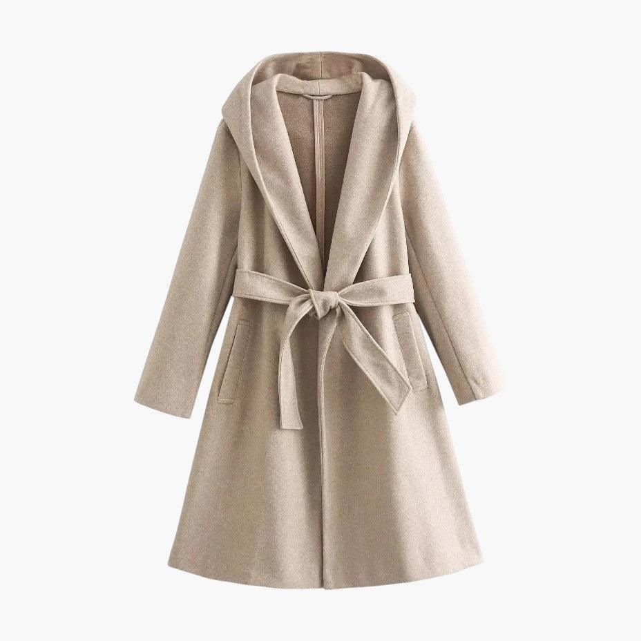 Women's outdoor jacket: a modern hooded trench coat with a button front & adjustable belt.