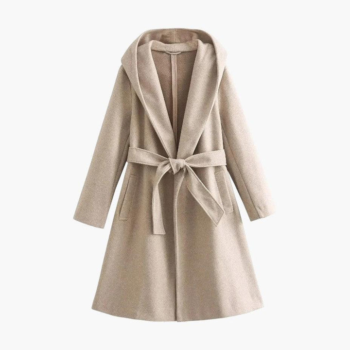 Women's outdoor jacket: a modern hooded trench coat with a button front & adjustable belt.