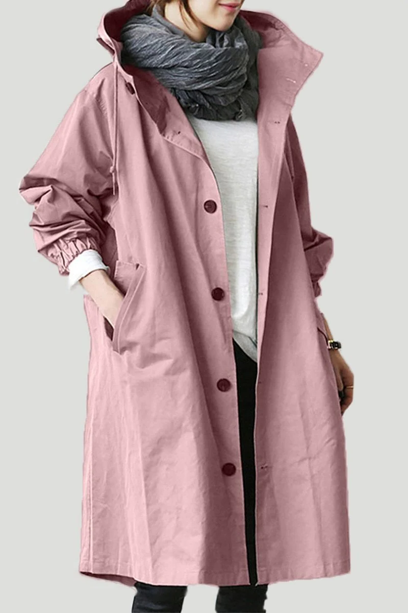 Stylish women's long rain trench coat with a hood, offering waterproof protection and elegant fall fashion versatility.