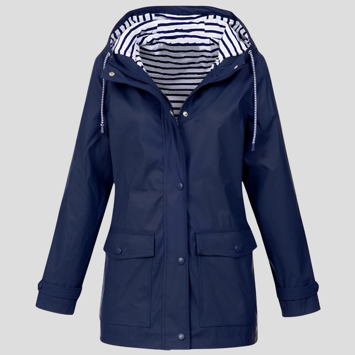 Versatile women's hooded rain jacket, windbreaker for spring/fall. Lightweight outerwear for active and casual wear.
