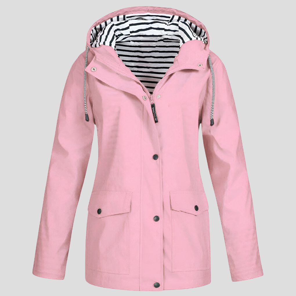 Stylish women's travel jacket. Hooded waterproof windbreaker, lightweight and practical for everyday errands.