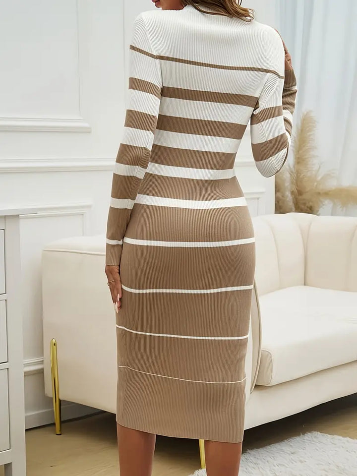 Women's stripe bodycon dress, midi length, with long sleeves & crew neck, a versatile fitted option.