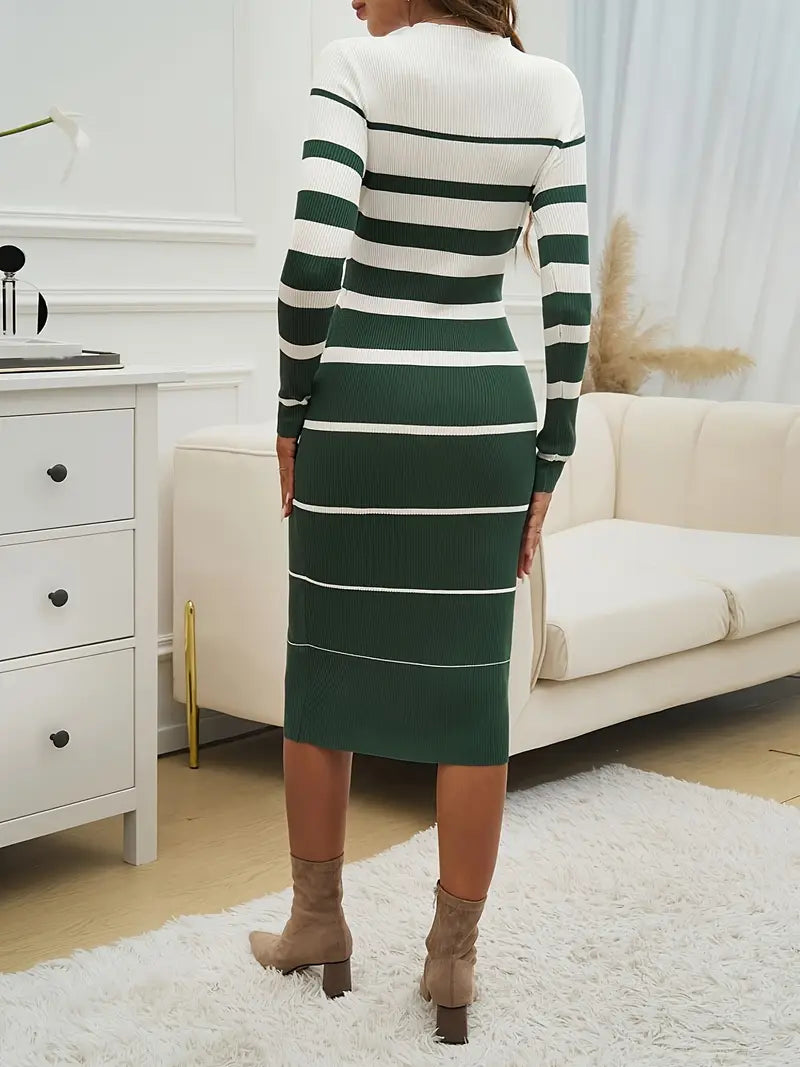 Modern women's stripe bodycon midi dress, elegant and versatile, with long sleeves and crew neck.