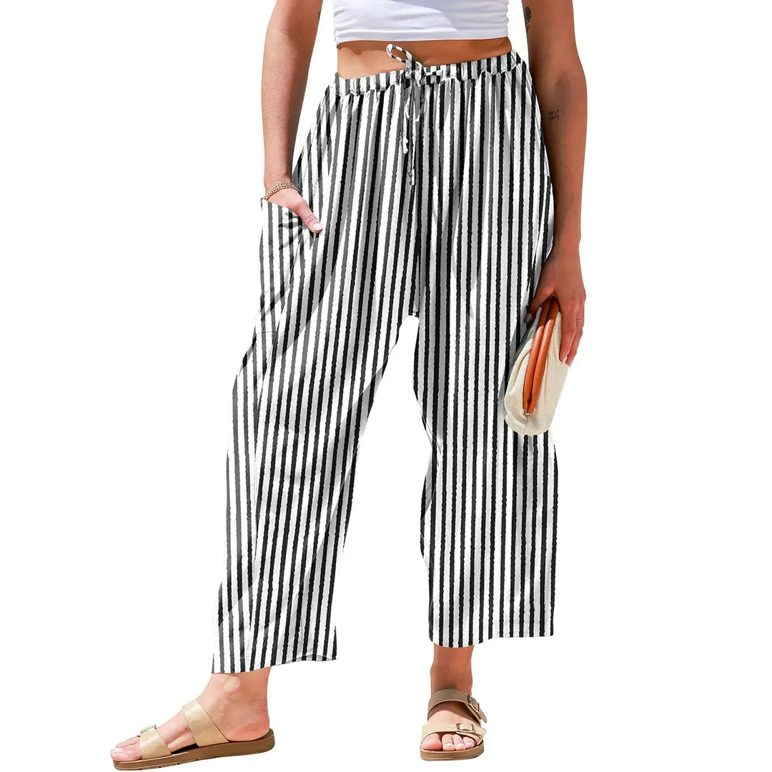 Chic women's striped wide-leg pants, offering effortless comfort. Great for casual, vacation, or boho resort wear.