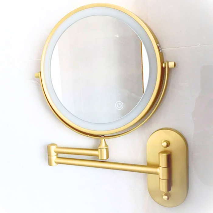 Rechargeable LED makeup mirror for women, 3x magnification, touch control feature.