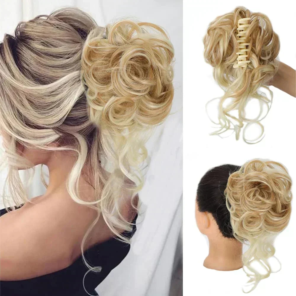 Faux hair messy curly bun clip, designed for women seeking instant volume and a quick updo.