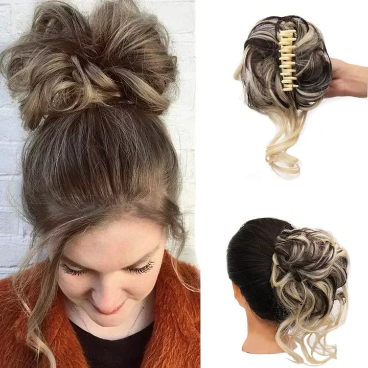 Women's hair bun maker clip with instant volume, featuring a trendy messy curly style.