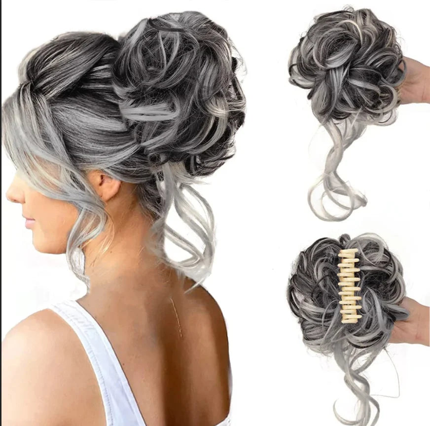 Natural-looking women's messy curly bun hair extension clip, adding instant volume.