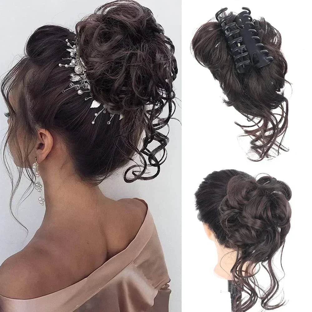 Women's fashionable messy curly bun hair clip, creating a voluminous and effortless look.