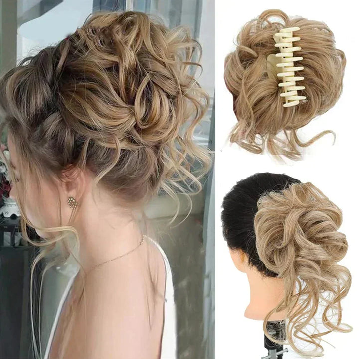 Elegant messy curly faux bun hair clip for women, giving instant volume and a polished updo.