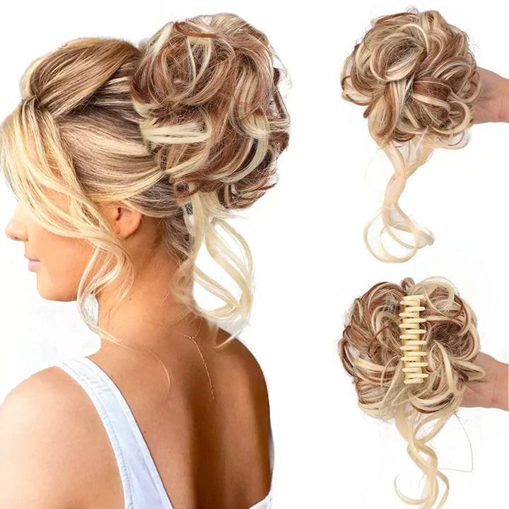 Effortless faux messy curly bun hair extension clip, perfect for adding instant volume.