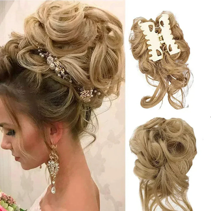 Stylish women's curly bun hair clip accessory, ideal for a quick and easy messy updo.