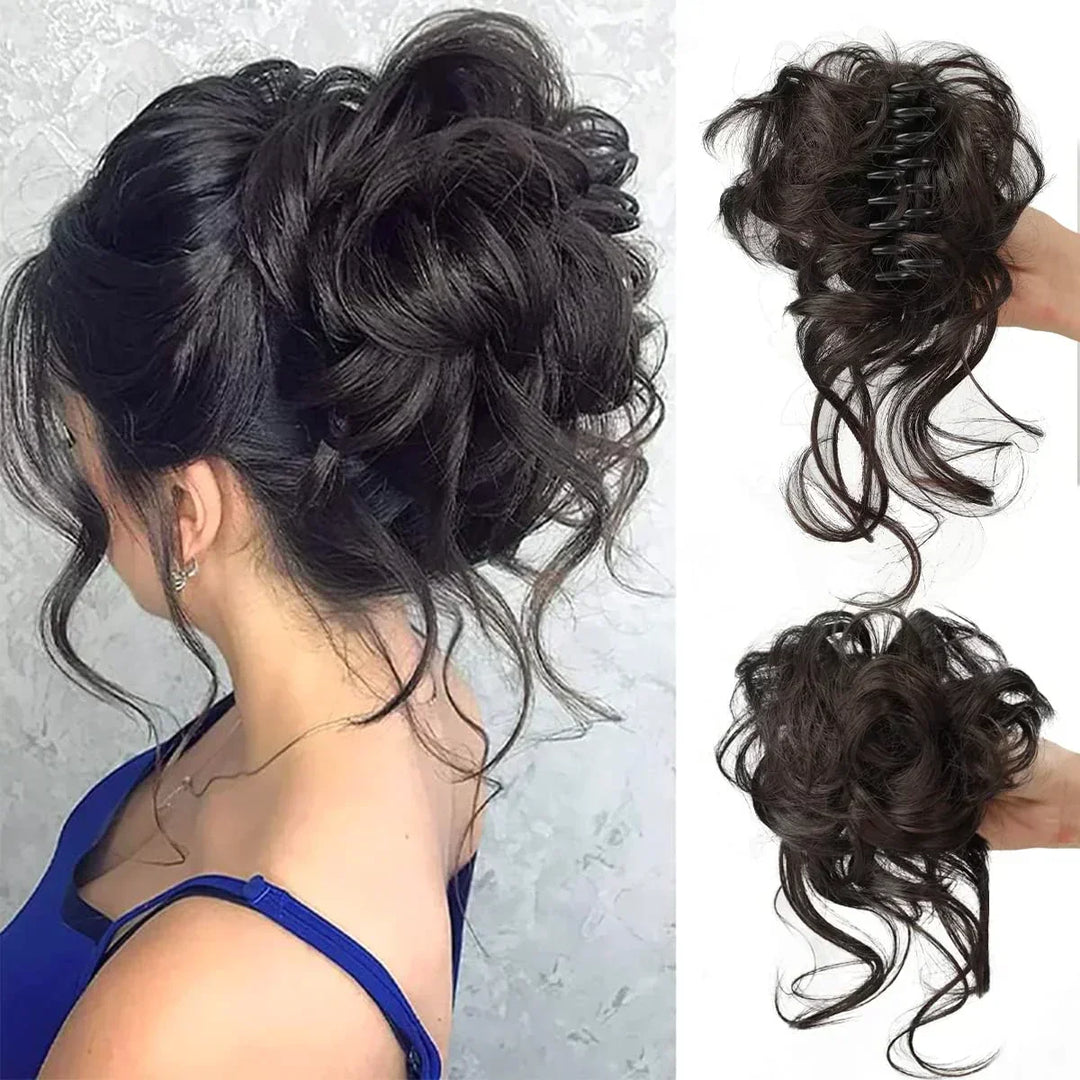Close-up of a women's instant volume messy curly bun hair clip for a chic look.
