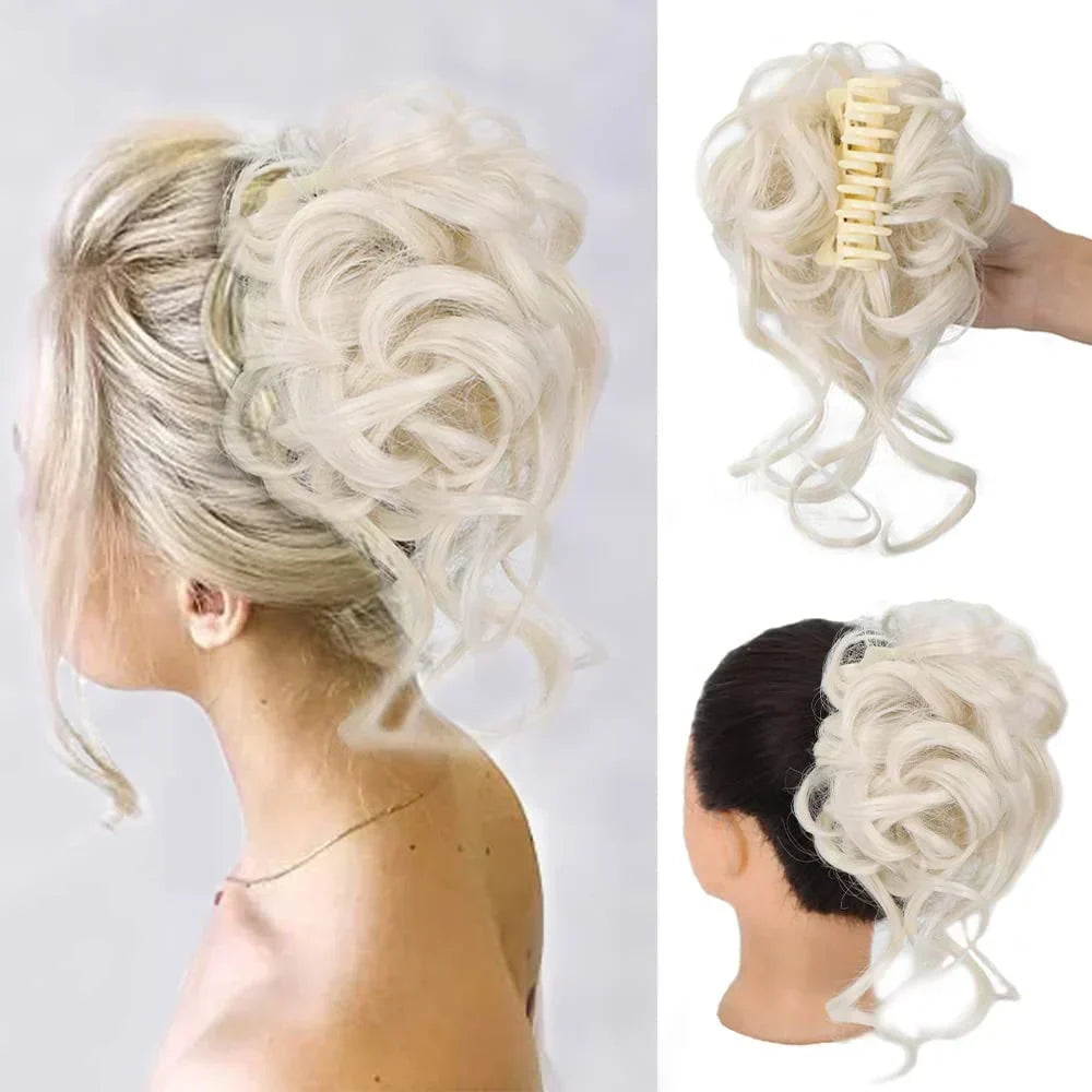 Model wearing a women's messy curly bun hair clip, showing the added volume and style.