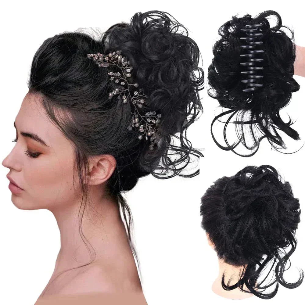 Textured messy curly bun hair clip for women, creating an instant voluminous hairstyle.