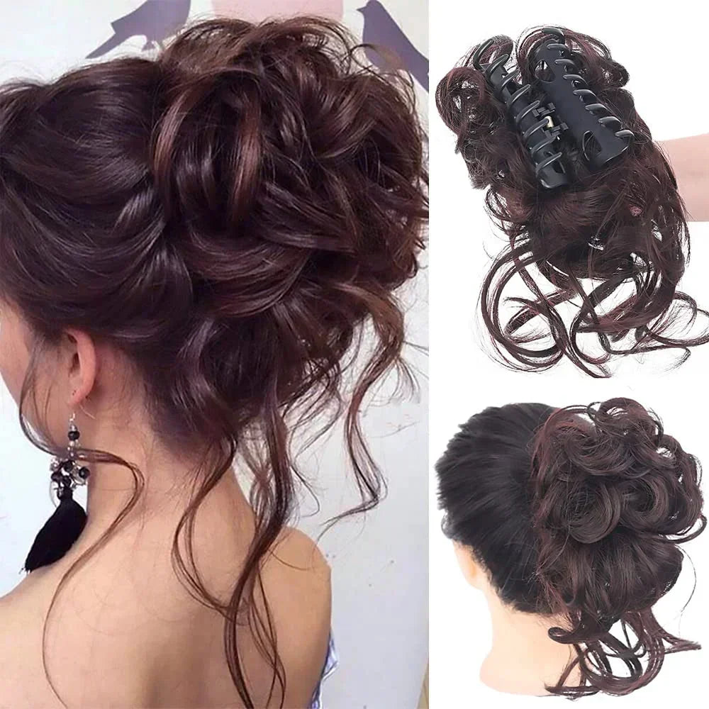 Versatile women's faux messy bun hair clip, offering a quick and elegant curly updo.