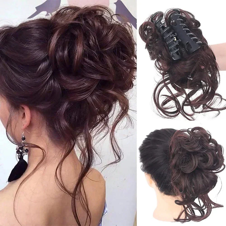 Versatile women's faux messy bun hair clip, offering a quick and elegant curly updo.
