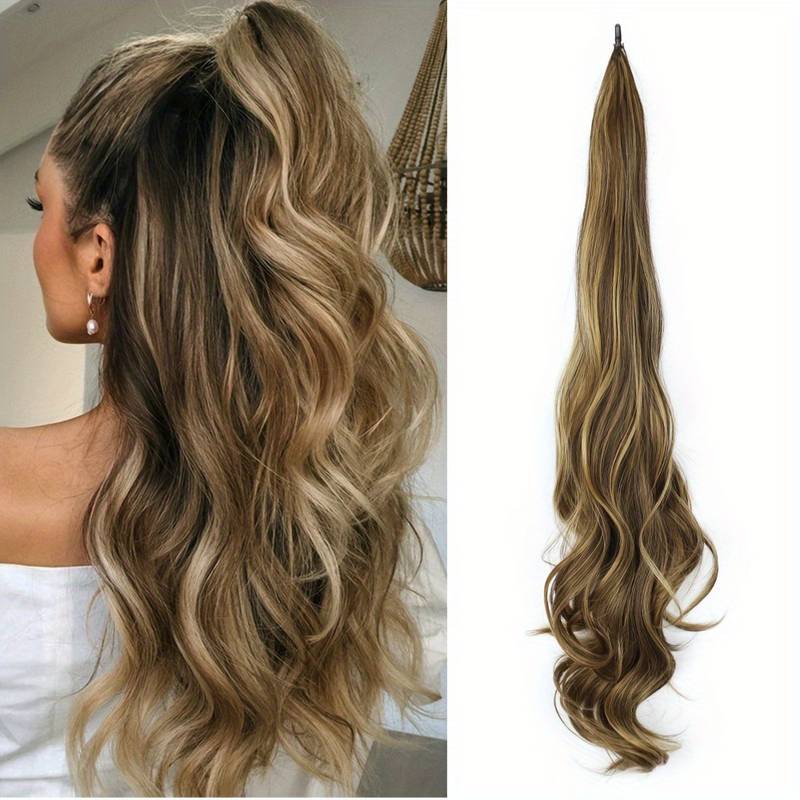 Women's instant volume wrap-around wavy ponytail extension, synthetic long hair for easy styling.