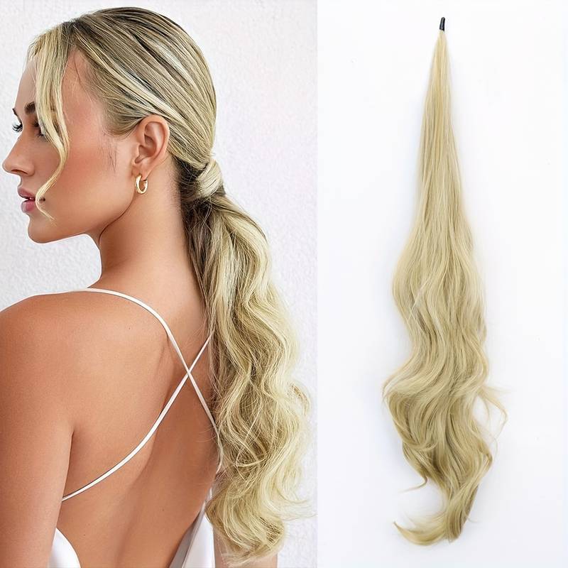 Instant volume wavy wrap-around ponytail extension for women, synthetic long hair accessory for styling.