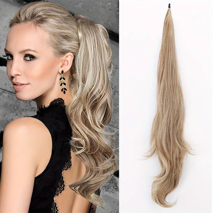 Easy wrap-around wavy ponytail extension for women, adding instant volume & long synthetic hair.