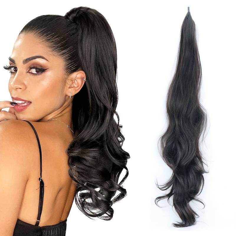 Synthetic wavy wrap-around ponytail extension for women, adding instant volume and long flowing hair.
