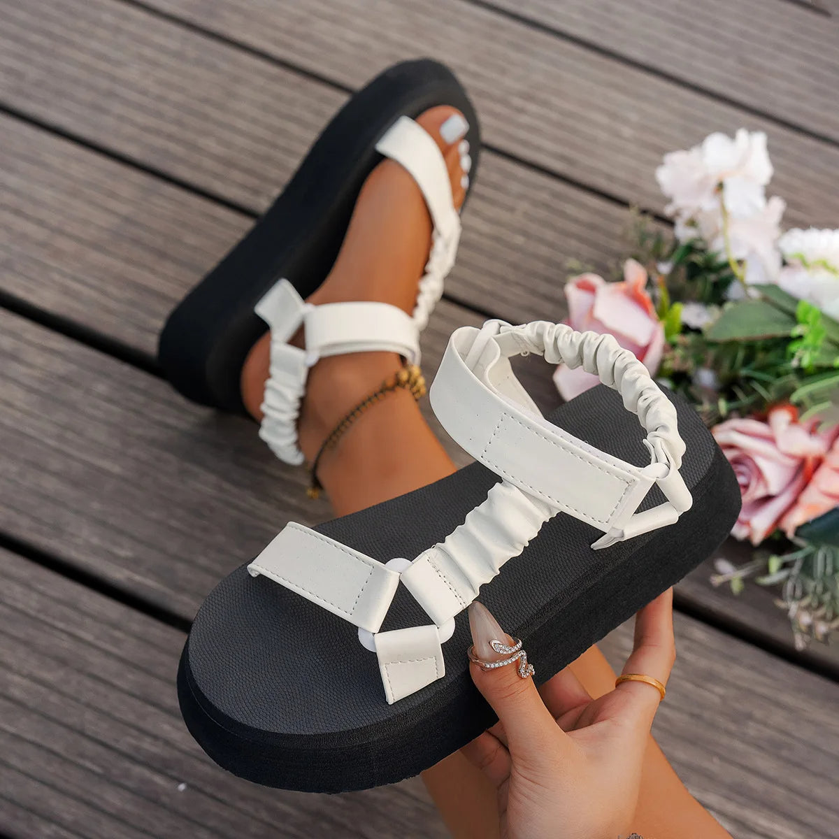 Glimmering iridescent platform sandals, chunky sole, women's summer fashion.
