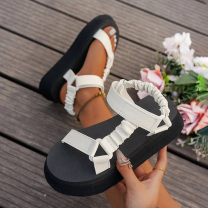 Glimmering iridescent platform sandals, chunky sole, women's summer fashion.