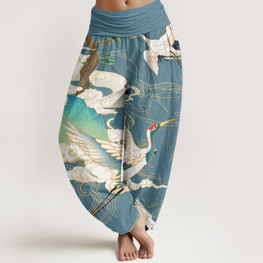 Women's Japanese crane art harem trousers. Flowy, comfortable, and a unique bohemian statement piece.