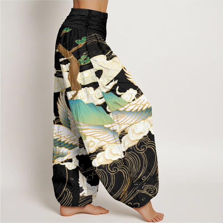 Elegant women's harem trousers with intricate Japanese crane art. Bohemian style, relaxed fit, comfortable.