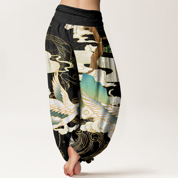 Women's fashion: unique Japanese crane art harem pants. Comfortable, flowy design for a statement look.
