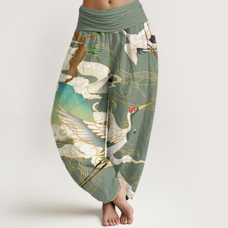 Bohemian women's harem trousers showcasing beautiful Japanese crane art. Relaxed fit, comfortable & stylish.