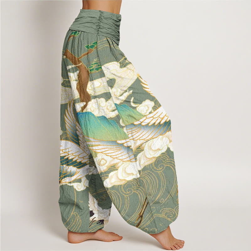 Statement women's Japanese crane print harem pants. Unique, flowy, and comfortable for a fashion-forward look.
