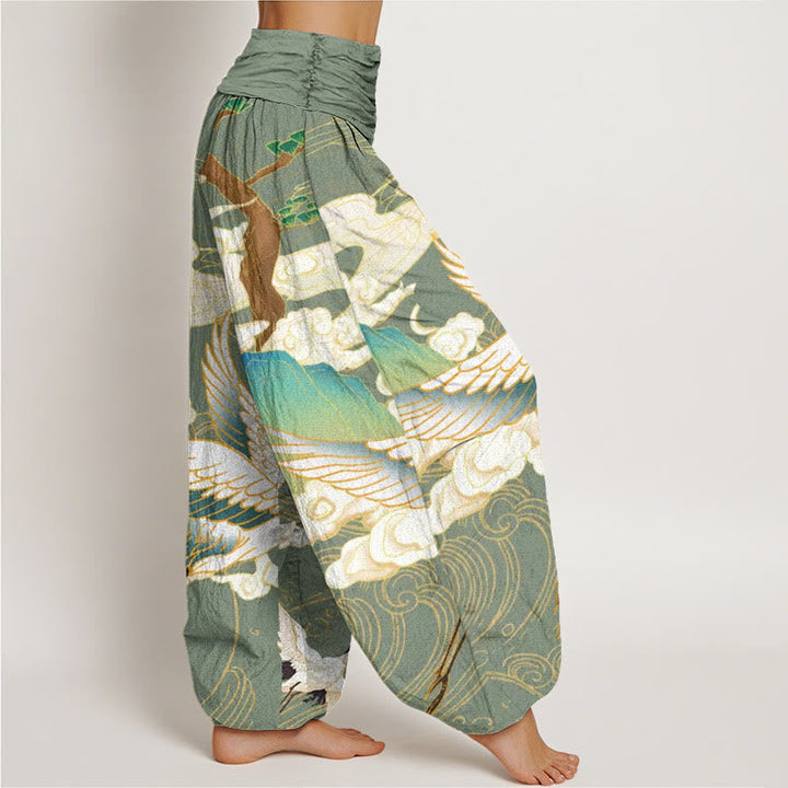 Statement women's Japanese crane print harem pants. Unique, flowy, and comfortable for a fashion-forward look.
