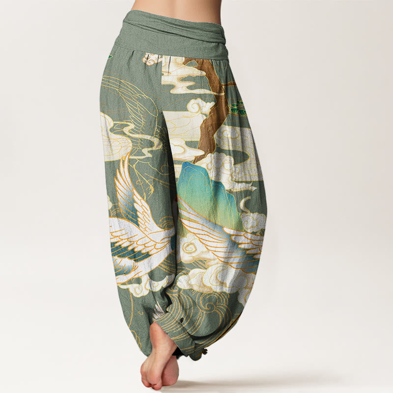 Comfortable & stylish women's harem pants with a vibrant Japanese crane art design. Perfect for bohemian fashion.