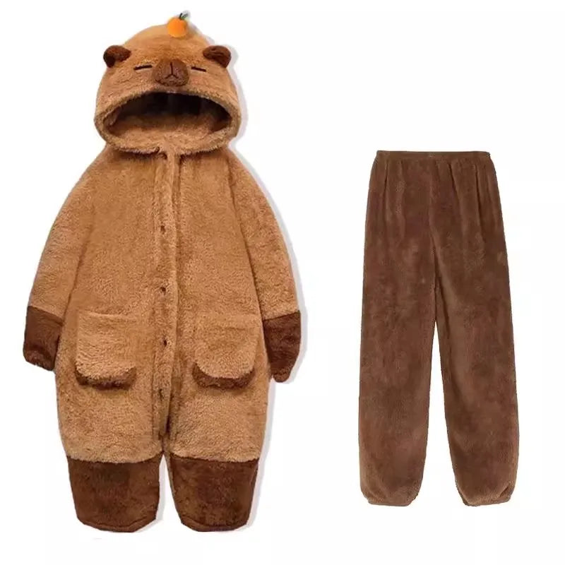 Women's kawaii capybara hooded pajama set. Soft, comfortable sleepwear with cute capybara design.