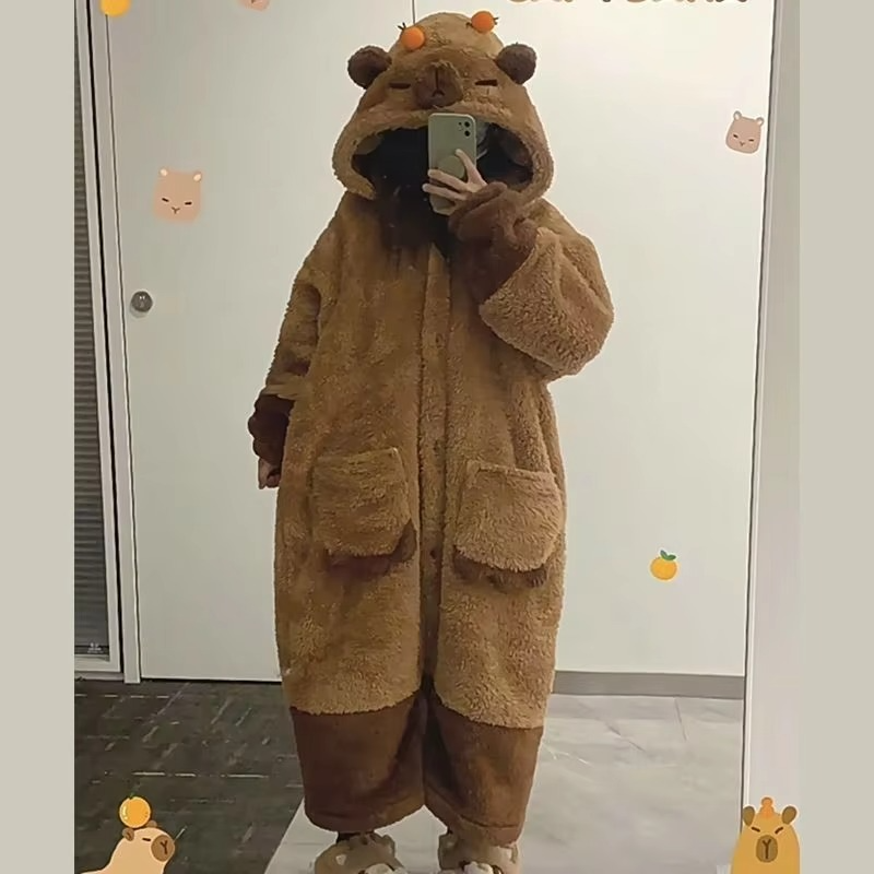 Relax in this women's two-piece capybara hooded pajama set. Cute, soft, and comfortable kawaii sleepwear.