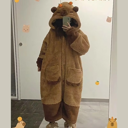 Relax in this women's two-piece capybara hooded pajama set. Cute, soft, and comfortable kawaii sleepwear.