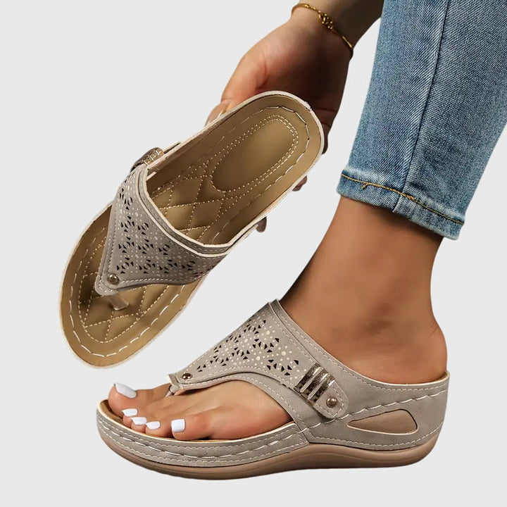 Close-up of Kaylie women's orthopedic wedge sandal, highlighting arch support for comfort shoes.
