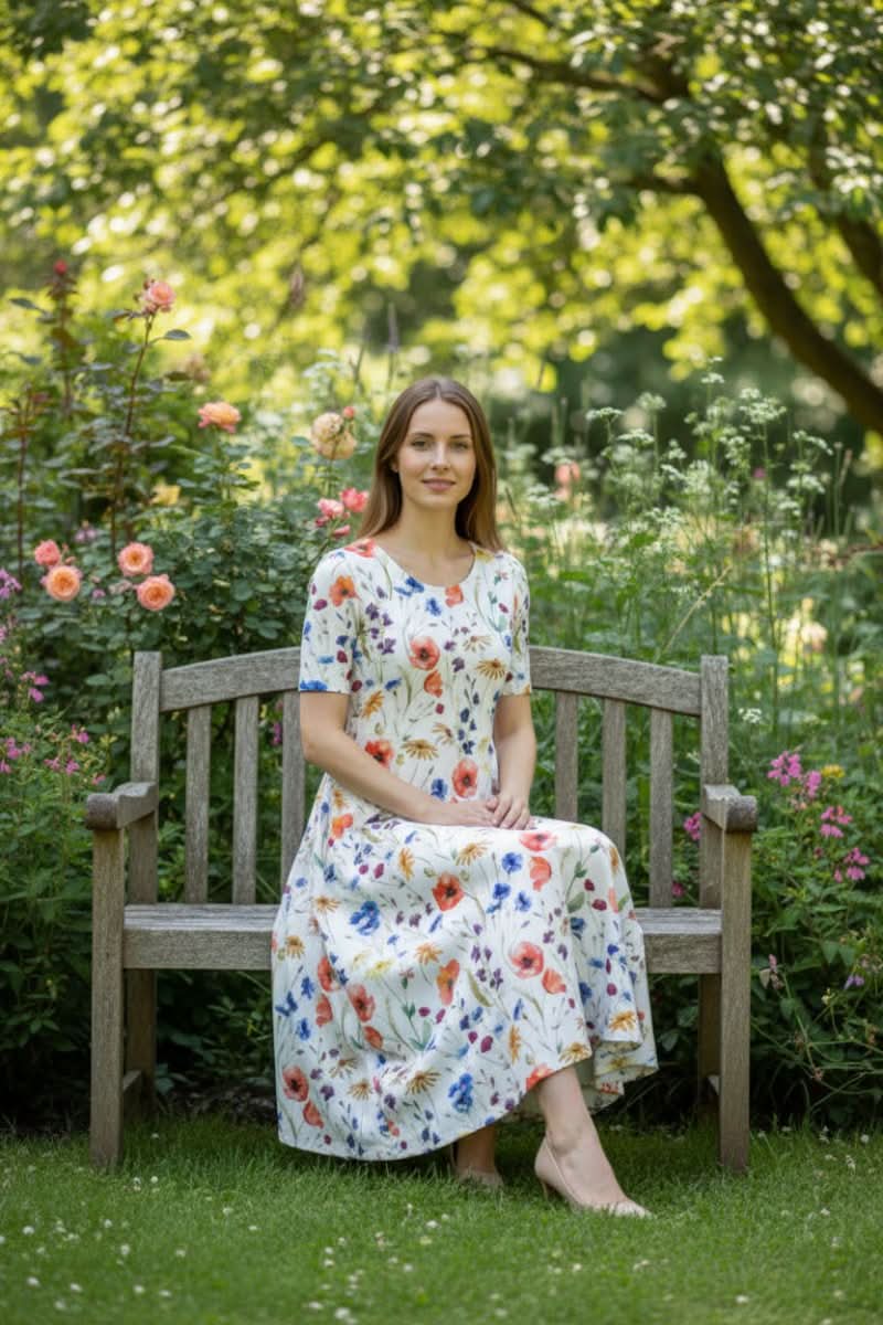 Stylish women's floral knee-length casual dress with pockets, perfect for summer fashion.