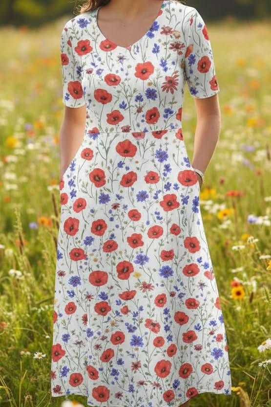 Easy slip-on women's knee-length floral summer dress, comfortable for casual everyday wear.