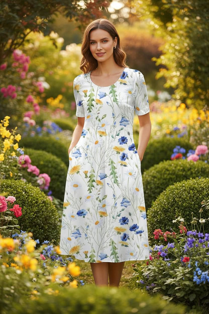 Chic women's knee-length floral dress for casual summer fashion, easy and comfortable.