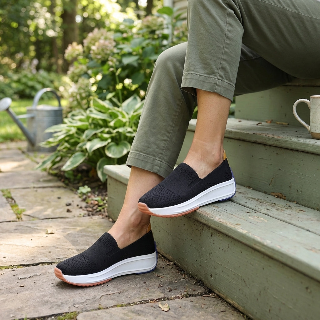 Comfortable women's slip-on knit platform sneakers. Modern fashion footwear with orthopedic support for daily walks.