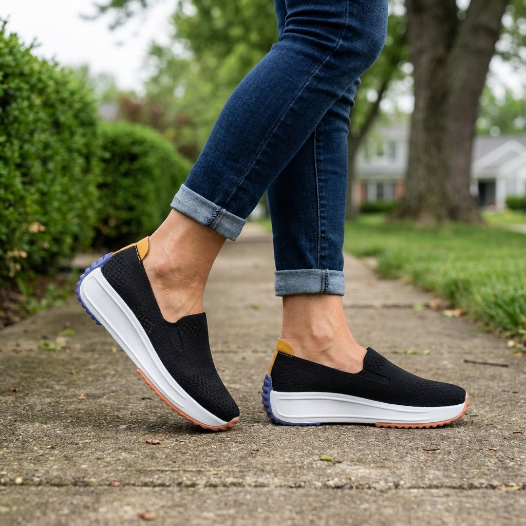 Easy-wear women's knit slip-on sneakers. Platform design offers orthopedic support & comfort for casual walking.
